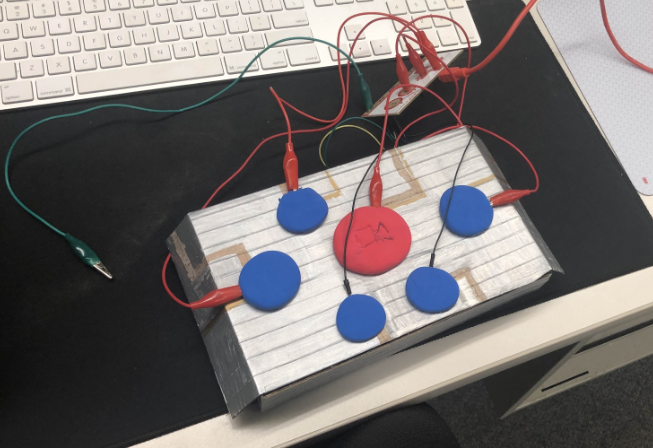 Image of makeymakey board with buttons wired up.