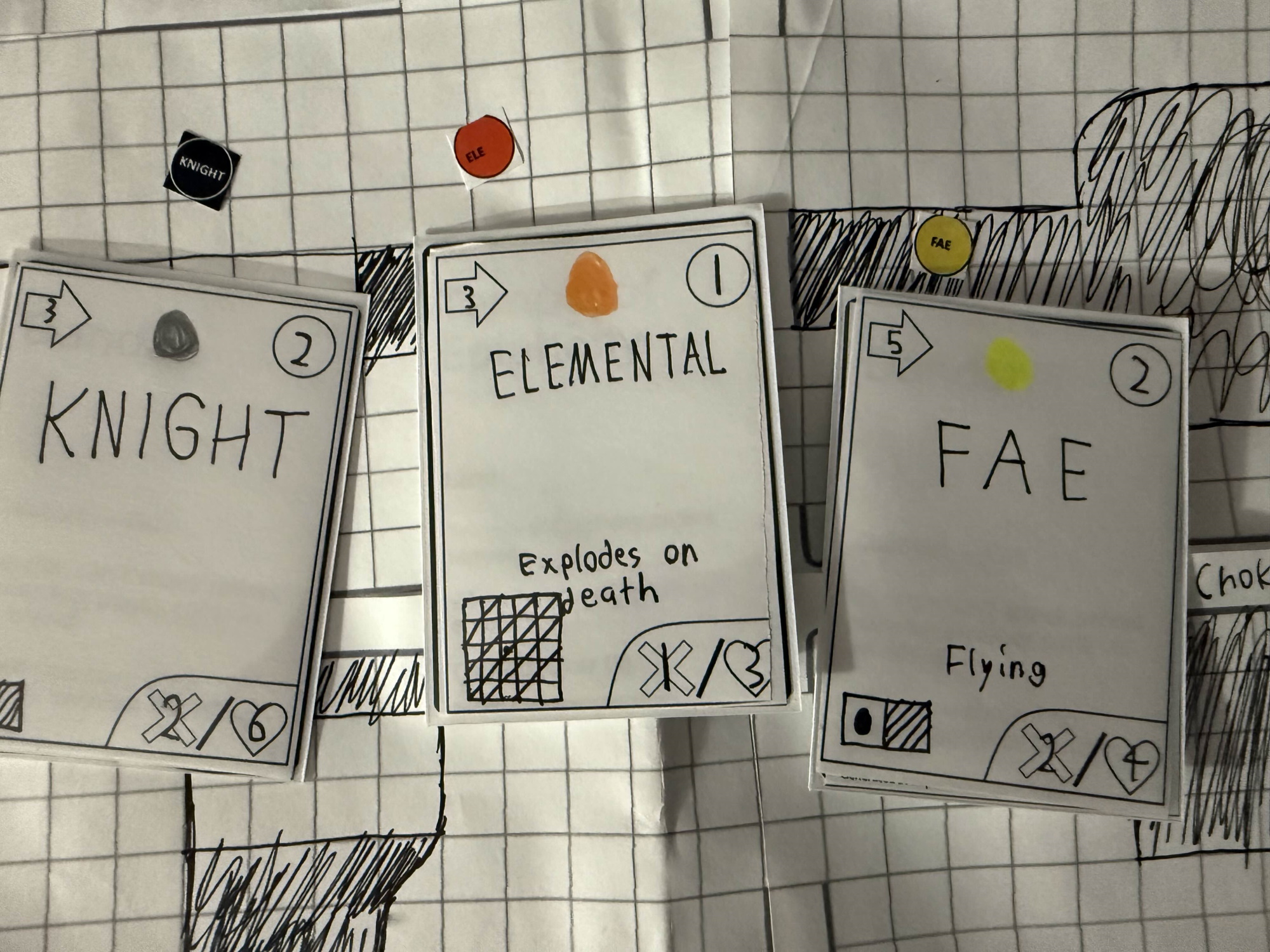 Playtesting cards representing various enemies to the player, along with their 'token' on map