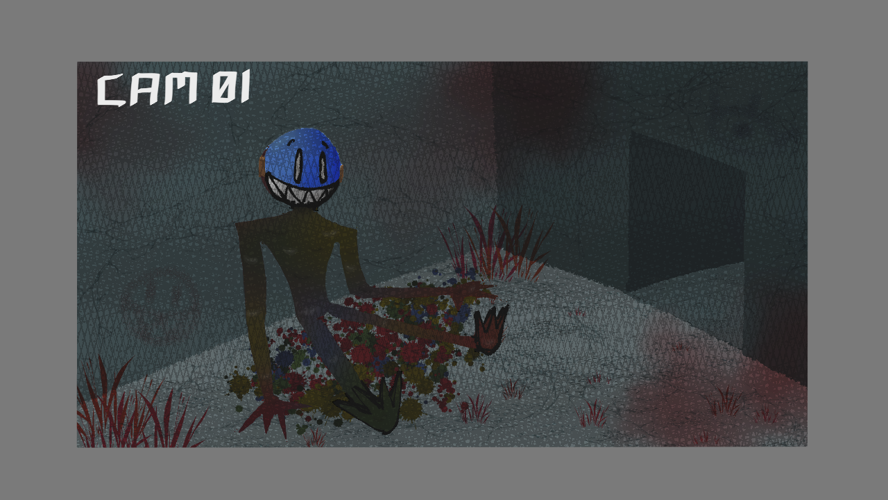 In game screenshot of monster being observed through security camera.